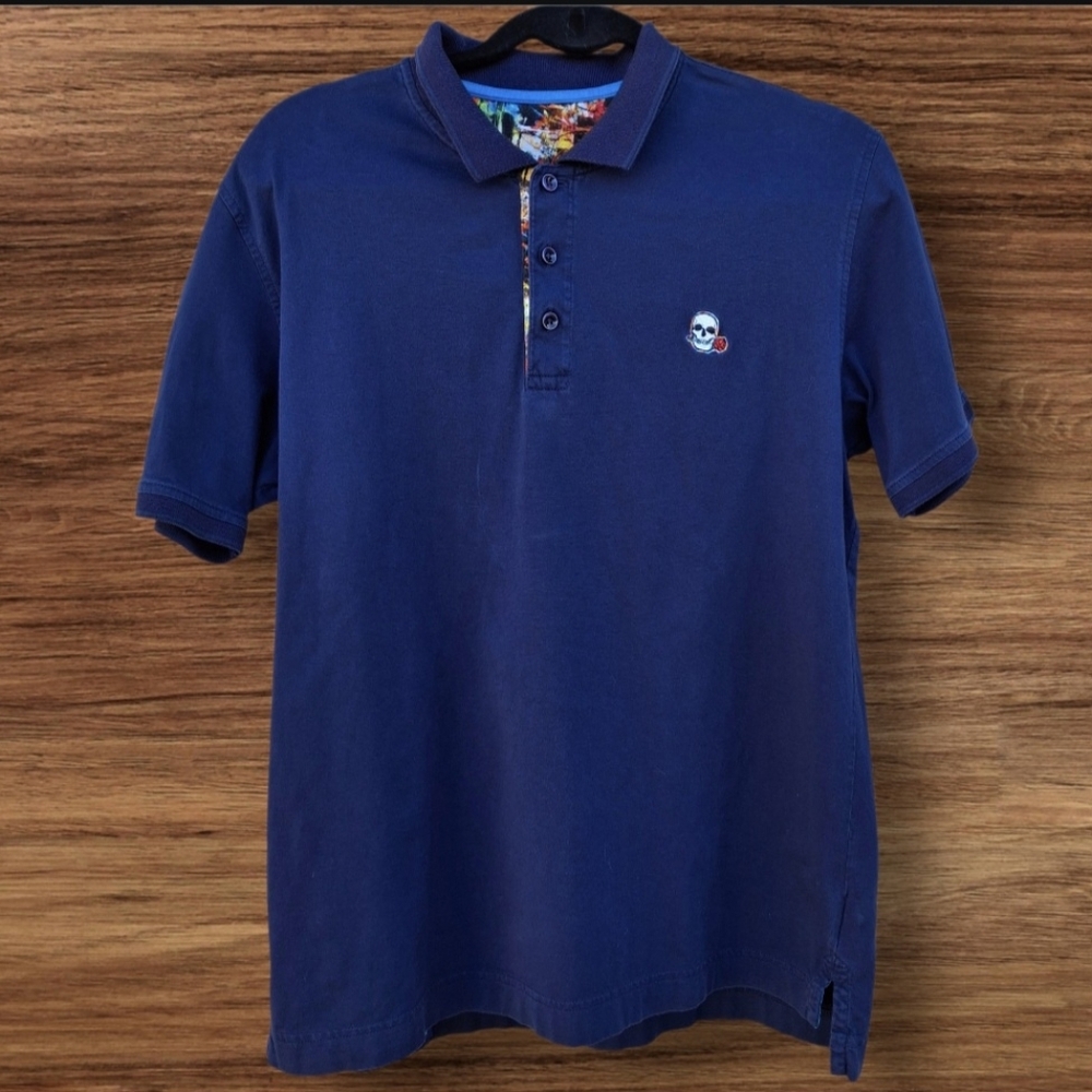 Robert Graham Embroidered Skull with Rose Navy Cotton Polo Shirt  Men Size Large - Picture 3 of 16